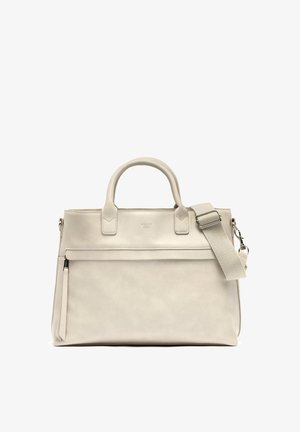 Svetlošedá kožená taška s dvojitými vrchnými uchami a nastaviteľným ramenným popruhom. Obsahuje predné vrecko na zips a hladký povrch.