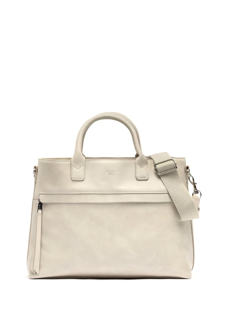 Jasnoszara skórzana torba z dwoma górnymi uchwytami i regulowanym paskiem na ramię. Posiada przednią kieszeń na zamek i gładką teksturę.