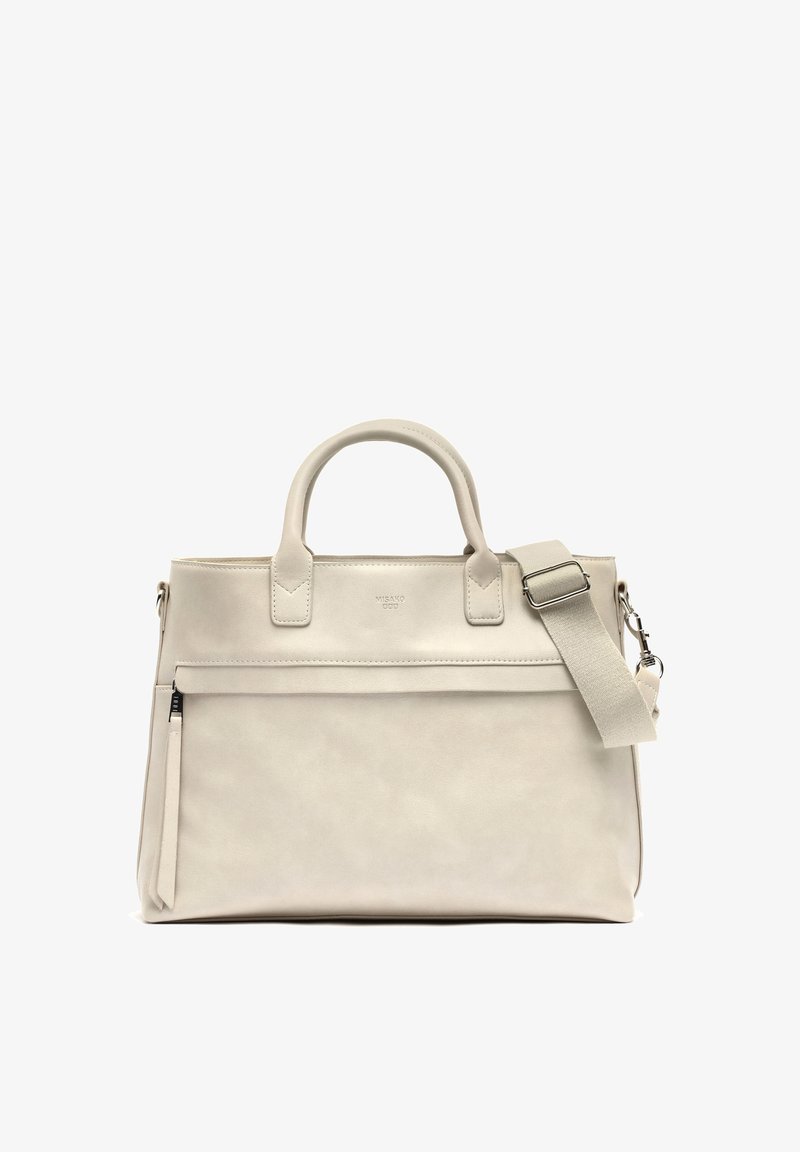 Jasnoszara skórzana torba z dwoma górnymi uchwytami i regulowanym paskiem na ramię. Posiada przednią kieszeń na zamek i gładką teksturę.