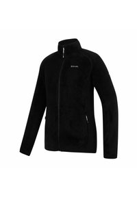 Veste polaire noire avec fermeture éclair intégrale à l'avant, col montant, deux poches latérales zippées et manches longues.