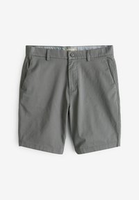 Șorturi din bumbac gri, cu închidere prin buton, patru buzunare și un design simplu. Materialul este neted și flexibil, potrivit pentru îmbrăcăminte casual.