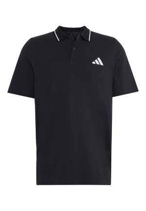 Czarna koszulka polo z krótkim rękawem, białym paskowanym kołnierzykiem i małym białym logo Adidas po lewej stronie klatki piersiowej.