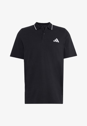 Czarna koszulka polo z krótkim rękawem, białym paskowanym kołnierzykiem i małym białym logo Adidas po lewej stronie klatki piersiowej.