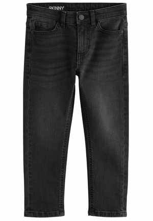Jean skinny noir avec fermeture à bouton et zip, passants de ceinture et poches avant et arrière, présenté à plat sur fond blanc.