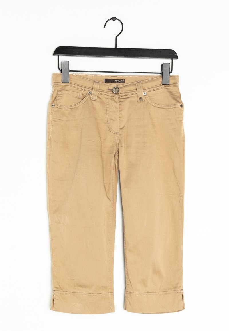 Beige cropped-byxor av mjukt tyg, med en standard midja med en knapp, framfickor och uppvikta nederkant.