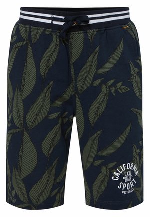 Marineblå shorts med grønt bladmønster, justerbar sort snor, stribet linning og hvid "California Sport" tekst på venstre ben.