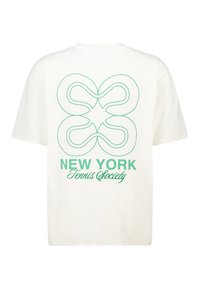 Weißes Baumwoll-T-Shirt mit einem grünen abstrakten Design und dem Text "NEW YORK Tennis Society" auf der Rückseite. Lockerer Schnitt und kurze Ärmel.
