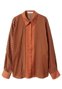 Blusa ruggine con strisce verticali nere, dotata di colletto classico, maniche lunghe e chiusura con bottoni. Tessuto dalla consistenza liscia.
