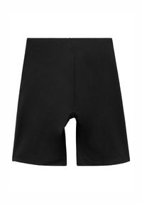 Sorte atletiske shorts lavet af glat stof. Har en afslappet pasform med en mellem-høj talje og en åben slids i bunden for fleksibilitet.