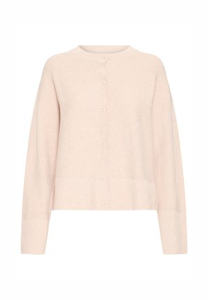 Pale pink cardigan with a round neck, long sleeves, and six front buttons; ribbed texture at cuffs and hem. Soft, lightweight material.