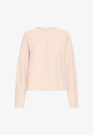 Pale pink cardigan with a round neck, long sleeves, and six front buttons; ribbed texture at cuffs and hem. Soft, lightweight material.