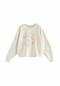 Cremfarbener Sweater mit lässigem Schnitt, der eine pinke Illustration von zwei Kaninchen und den Text "Hop Off" zeigt. Weiche Textur, gerippte Bündchen.