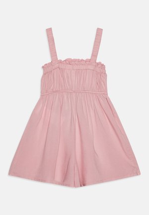 Różowa bawełniana sukienka na ramiączkach, z marszczonym dekoltem i rozkloszowanym dołem. Teksturowany materiał z falbaniastymi akcentami przy dekolcie.