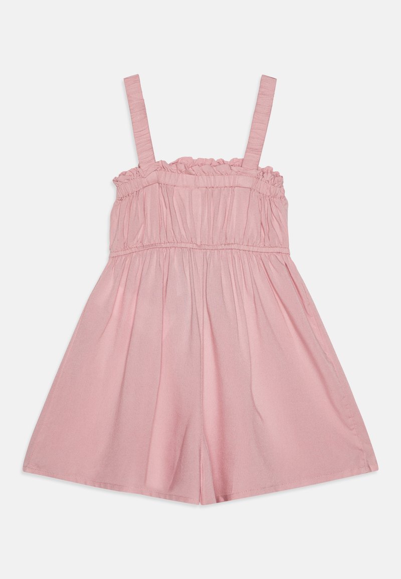 Różowa bawełniana sukienka na ramiączkach, z marszczonym dekoltem i rozkloszowanym dołem. Teksturowany materiał z falbaniastymi akcentami przy dekolcie.