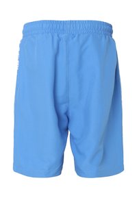 Pantaloni sportivi blu realizzati in tessuto leggero. Presentano una vita elastica e tasche laterali. Nessun motivo visibile o dettagli in metallo.