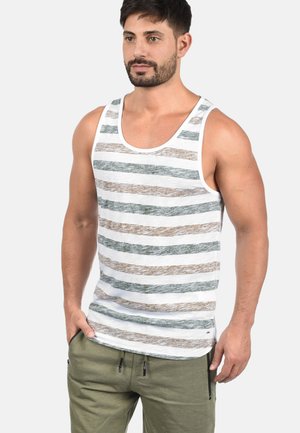 Striped tank top featuring white, green, and brown horizontal lines, made of lightweight fabric, with a round neckline and a relaxed fit.