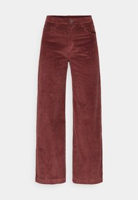 Pantalons en velours côtelé bordeaux à pattes larges avec une surface texturée, dotés d'un bouton de fermeture et de poches avant. Confectionnés avec une coupe droite.