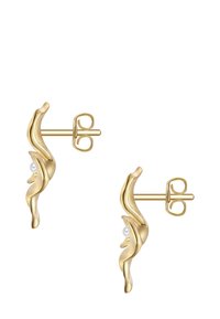 Auksinės spalvos auskarai su sklandžiu, bangos tipo dizainu, kuriuose yra mažas perlų akcentas. Stiprinimai tiesūs, o nugarėlė turi klasikį drugelio užsegimą.