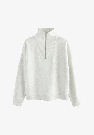 Sweatshirt grigio chiaro a mezza zip con una vestibilità comoda, caratterizzato da un colletto alto e una trama uniforme. Le maniche e l'orlo a coste conferiscono struttura.