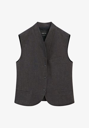 Gray, sleeveless vest made of textured fabric. Features a V-neck, five buttons, and a single chest pocket. Tailored fit with a smooth finish.