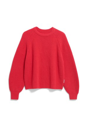 Roter gestrickter Pullover mit gerippter Textur, Rundhalsausschnitt und langen Ballonärmeln. Hat eine lockere Passform und ein dezentes Logotag am Saum.