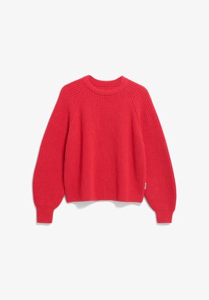 Pull en laine rouge avec une texture côtelée, col rond et manches longues bouffantes. Il présente une coupe décontractée et une étiquette logo discrète sur l'ourlet.