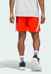 Červené sportovní šortky s bílými akcenty, nošené s šedým síťovaným tričkem. Černobílé tenisky a bílé ponožky s černými pruhy.