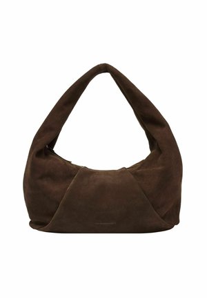Braune Wildleder-Hobo-Tasche mit geschwungenem Silhouette und lässigem Design. Sie verfügt über einen breiten Schulterriemen und ein auffälliges Knotendetail an der Vorderseite.