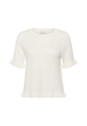 Hvit strikket topp med korte ermer, rund hals og rysjekanter på ermene og nederkanten, vist på hvit bakgrunn.