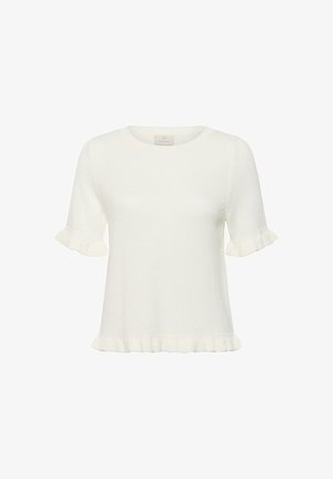 Hvit strikket topp med korte ermer, rund hals og rysjekanter på ermene og nederkanten, vist på hvit bakgrunn.