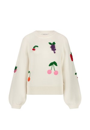 Cream sweater with long balloon sleeves, featuring colorful felt fruit appliqués: cherries, grapes, strawberries, and oranges. Ribbed hem.
