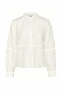 White, long-sleeved blouse with a button-down collar, featuring a textured fabric and a cropped design, completed with cuffed sleeves.