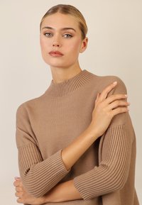 Beige Strickpullover mit hohem Rippkragen, lockerer Passform und strukturierten Rippärmeln. Glatte Oberfläche mit subtiler Schattierung.