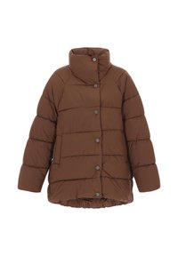 Bruine pufferjas met een hoge kraag, voorzien van horizontaal gesteppelde secties, knopen aan de voorkant en een elastische zoom voor een aansluitende look.