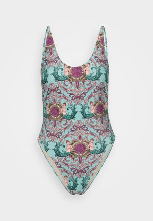 One-piece swimsuit in light blue with intricate purple and green floral patterns and classical figures. Smooth fabric, scoop neckline, high-cut legs.