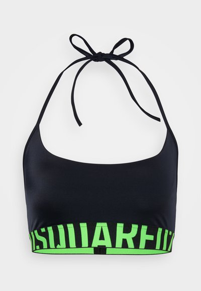 Svart halterneck-bikini topp laget av glatt stoff, med et neon grønt elastisk bånd med merke nederst og knytelukking i nakken.