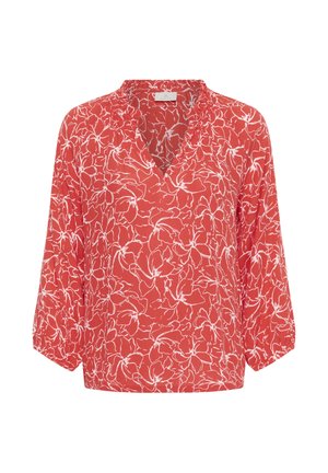 Červená blúzka s bielymi kvetinovými obrysmi, dlhými rukávmi, volánovým golierom a výstrihom do V.