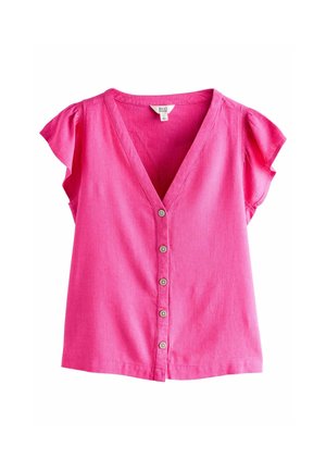 Bright pink short-sleeve blouse with V-neck and five front buttons, made of lightweight fabric.