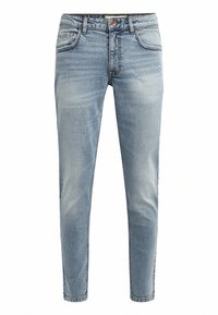 Lyseblå denimjeans med slim fit, lett slitasje foran, standard fem-lommes design og knappelukking.