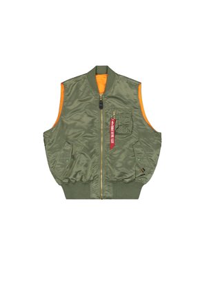 Sleeveless olive green bomber jacket vest with front zipper, two snap pockets, chest zipper pocket, and red "Remove Before Flight" tag.