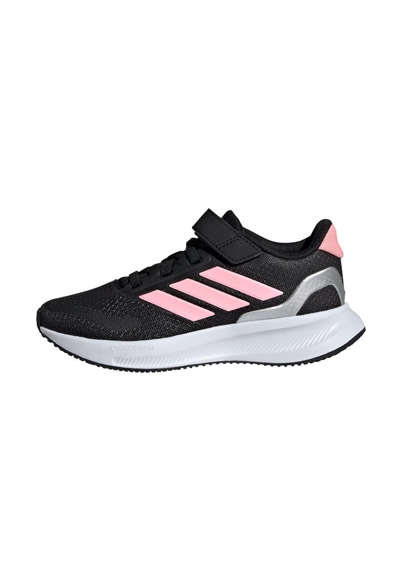 Black athletic shoe with pink accents, mesh upper, and a white midsole. Features three pink stripes and a hook-and-loop strap for closure.