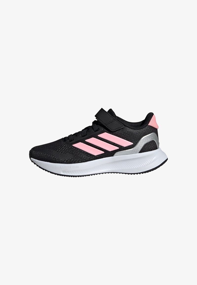Black athletic shoe with pink accents, mesh upper, and a white midsole. Features three pink stripes and a hook-and-loop strap for closure.