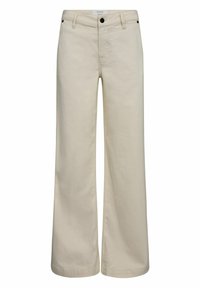 Pantaloni wide-leg beige in denim, con vita alta, due tasche frontali, zip e chiusura a bottone.
