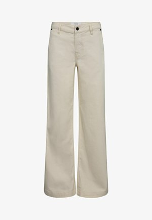 Beige wijde broek van denim, met een hoge taille, twee voorzakken, een rits en een knoopsluiting.