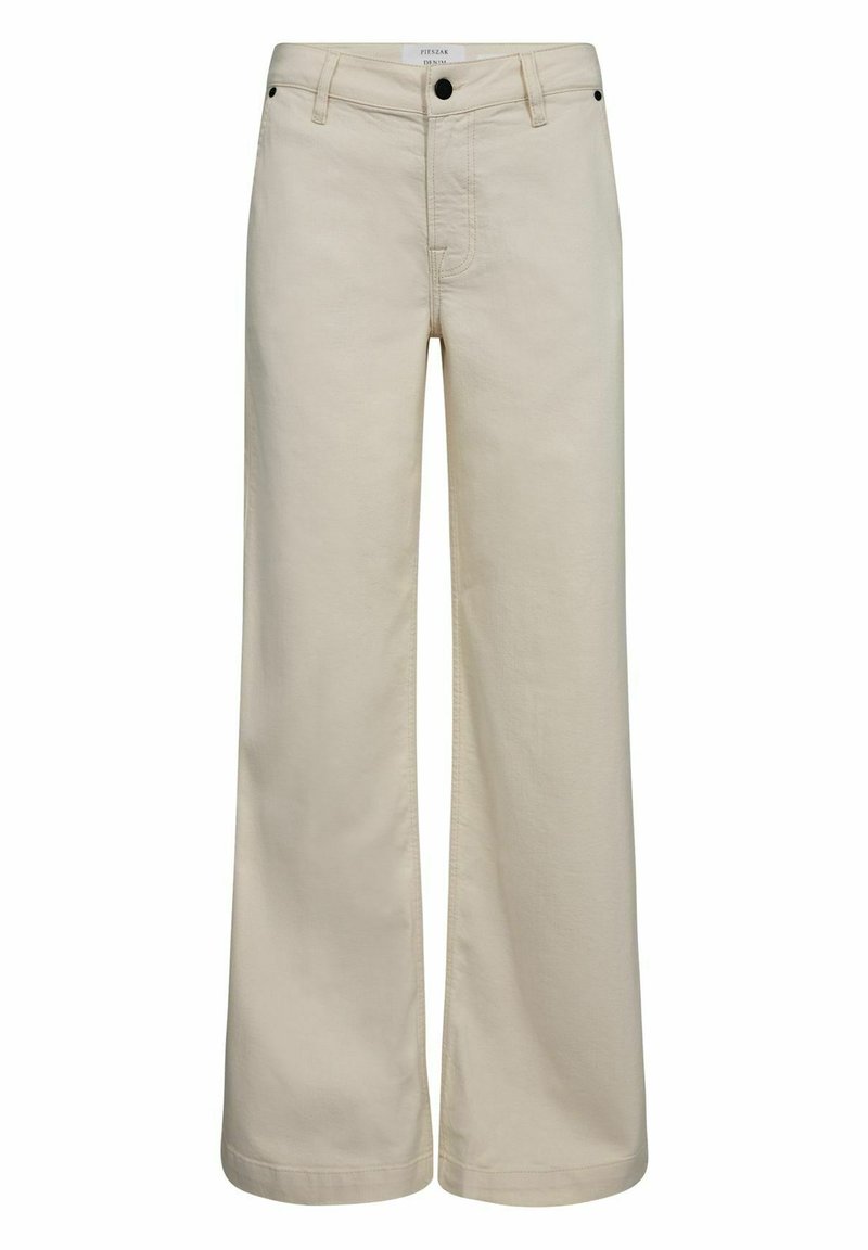 Pantaloni wide-leg beige in denim, con vita alta, due tasche frontali, zip e chiusura a bottone.