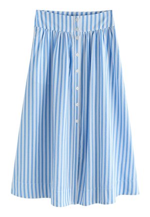 Midirock mit vertikalen blau-weißen Streifen, hohem Bund und weißen Knöpfen in der vorderen Mitte.