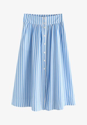 Fustă de lungime medie, cu dungi verticale albastre și albe, talie înaltă și nasturi albi pe partea frontală, în centru.