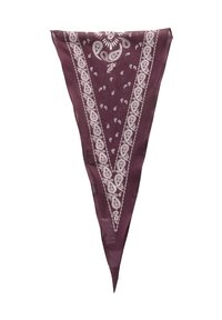 Burgunderfarvet bomuldsbandana med hvide paisley- og blomsterdesign langs kanterne; trekantet form med en blød, tekstureret overflade.