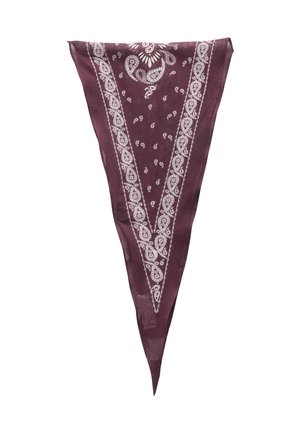 Bordeauxfarbene Baumwollbandana mit weißen Paisley- und Blumenmustern entlang der Ränder; dreieckige Form mit einer weichen, strukturierten Oberfläche.