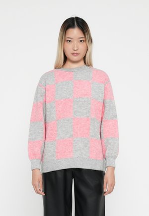 Grijze en roze geblokte sweater met een ronde halslijn, geribbelde manchetten en een ontspannen pasvorm, gemaakt van een zachte gebreide stof.